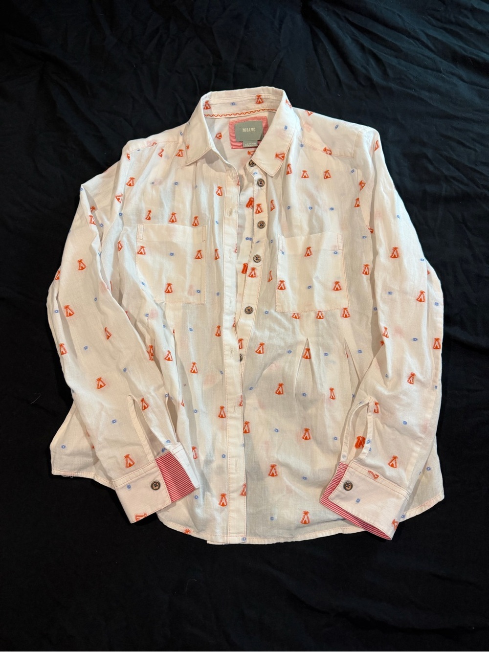 Maeve White Button-Front Shirt with Red Teepee Print